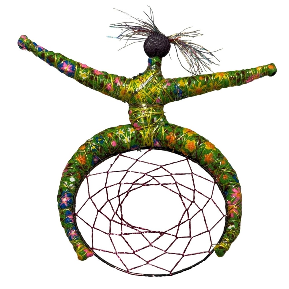 Trapped Circus Dancer Green Floral Fabric Wrapped‎ Folk Art Dreamcatcher
